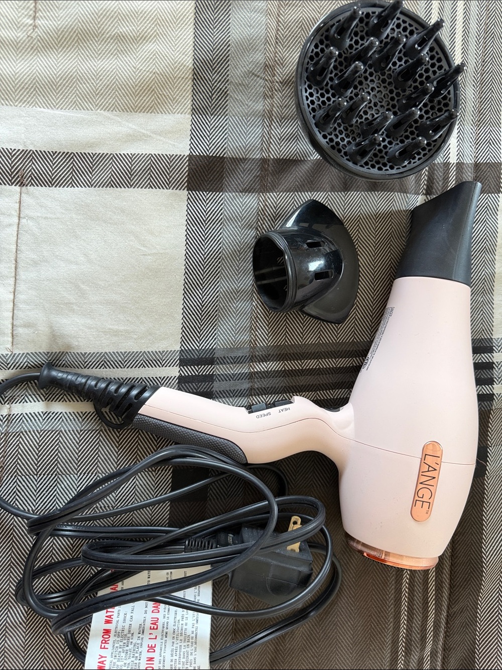 Lange Pale Pink Hair Dryer with Black Nozzle & Diffuser Attachments